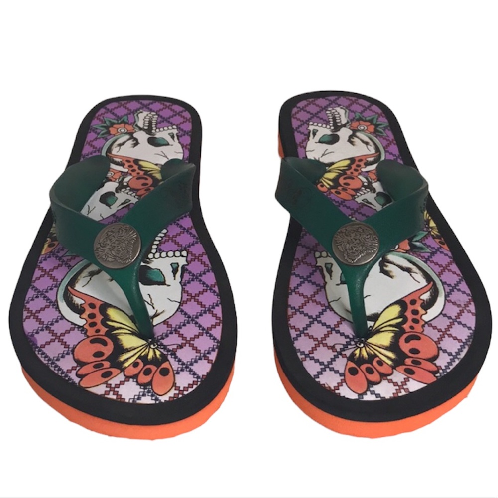 Ed Hardy Butterflies & Skulls Flip Flops Sandals Size 5 NEW - Picture 6 of 14